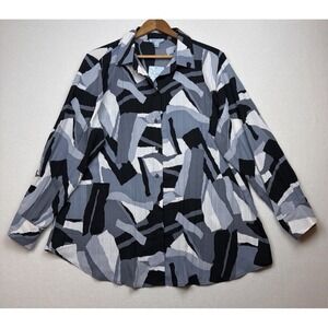 NWT Floral & Ivy Woman Button Up Roll Tab Sleeves Blouse 1X Crinkle Texture Gray